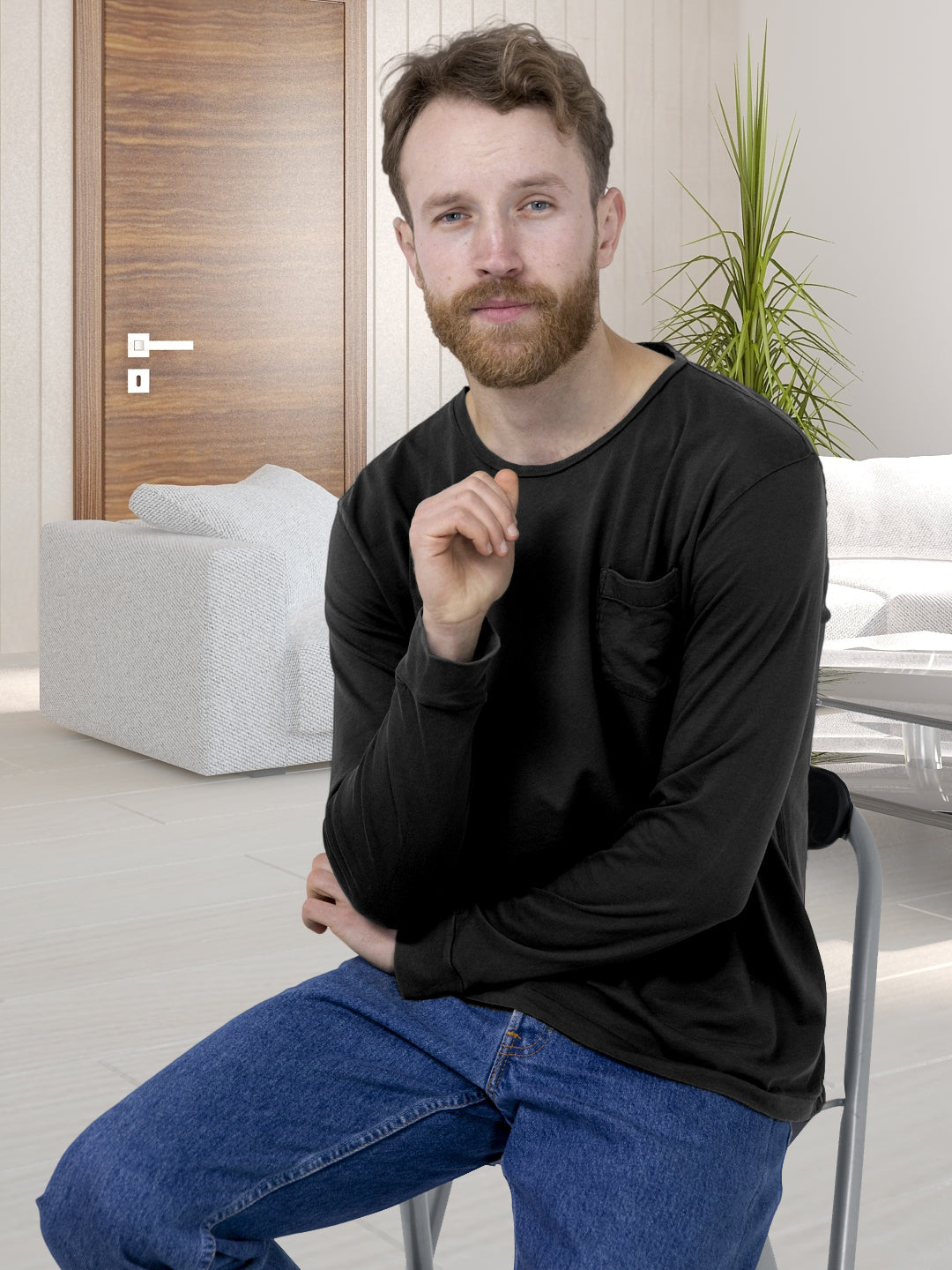 Comfortable Pure Cotton Full Sleeves T-Shirt : Black
