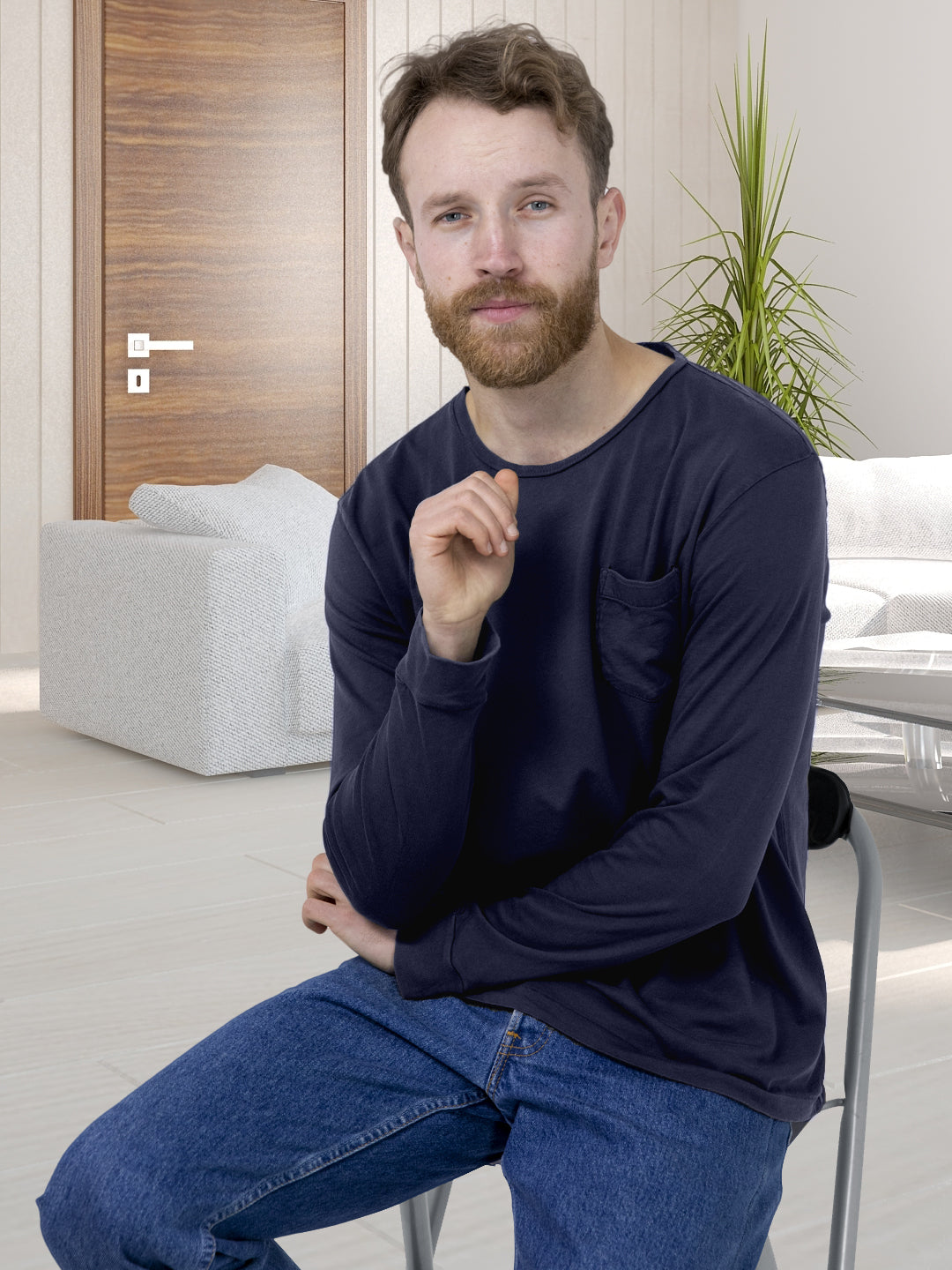 Comfortable Pure Cotton Full Sleeves T-Shirt : Navy Blue